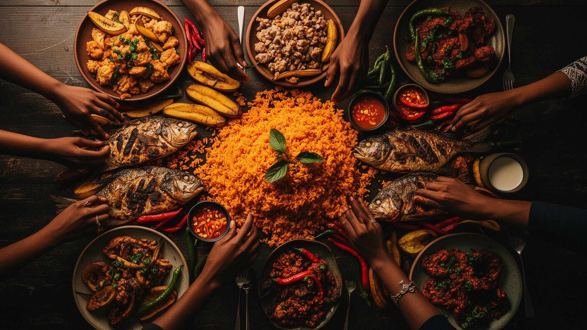 Overhead view of a Nigerian feast