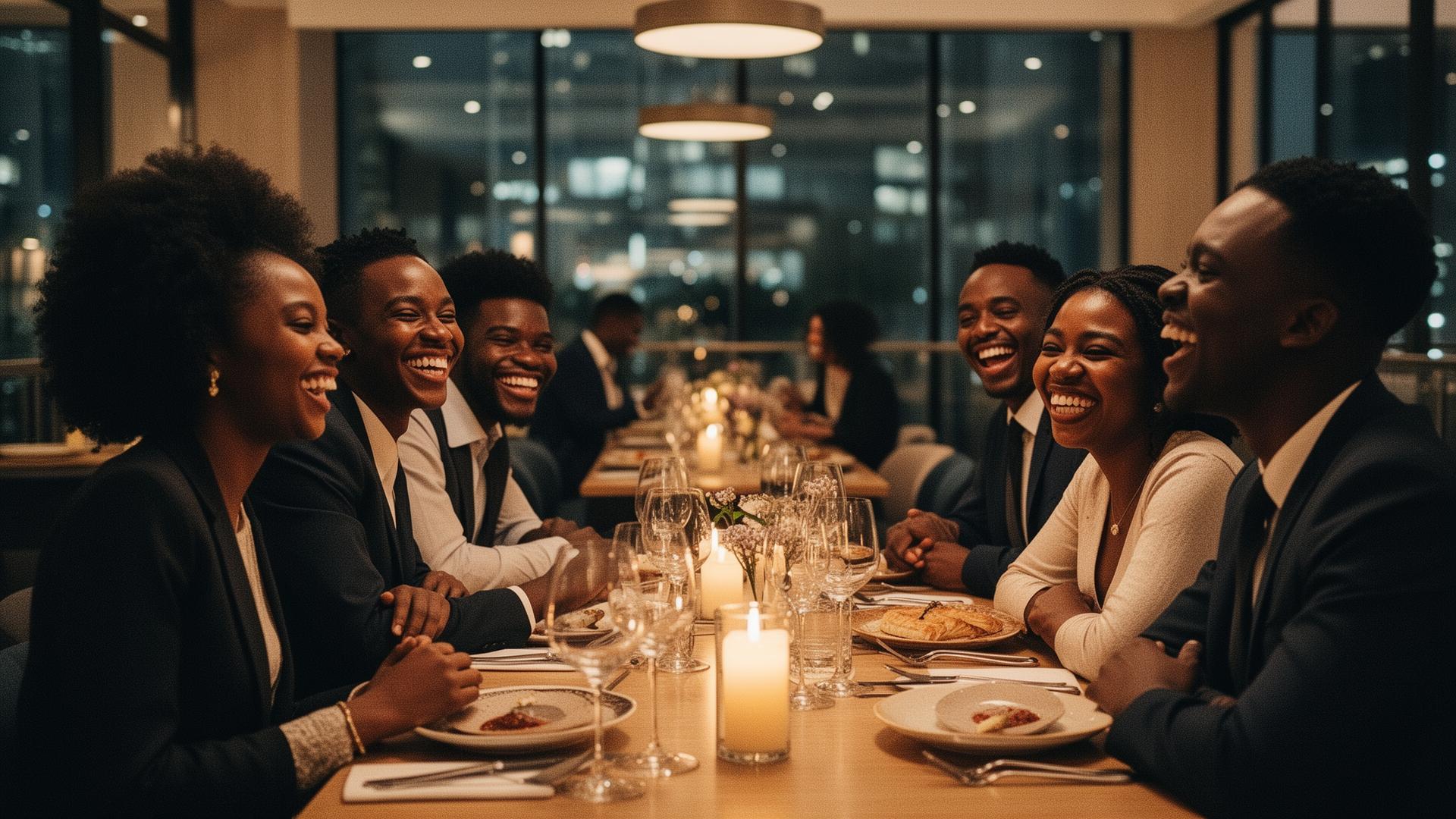 Friends laughing around a dinner table