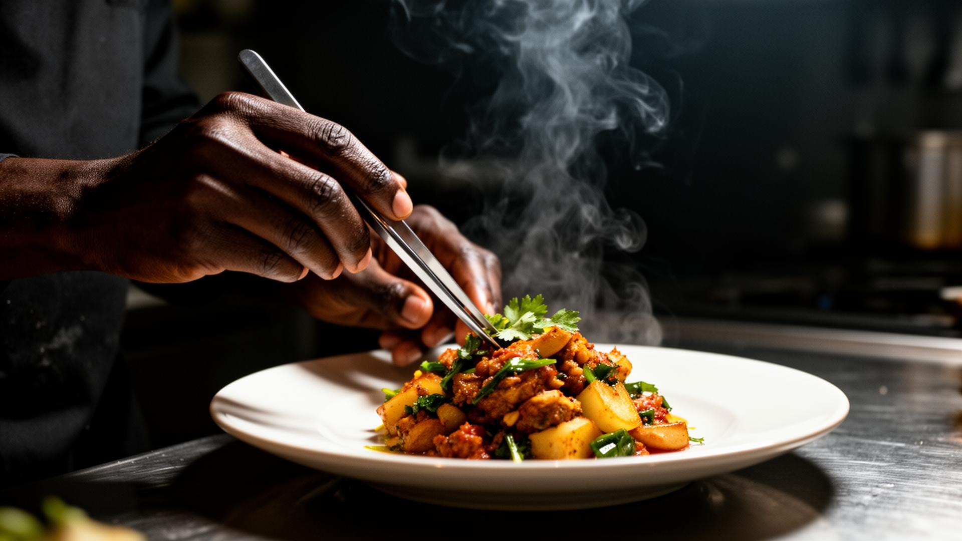 Chef plating a Nigerian dish