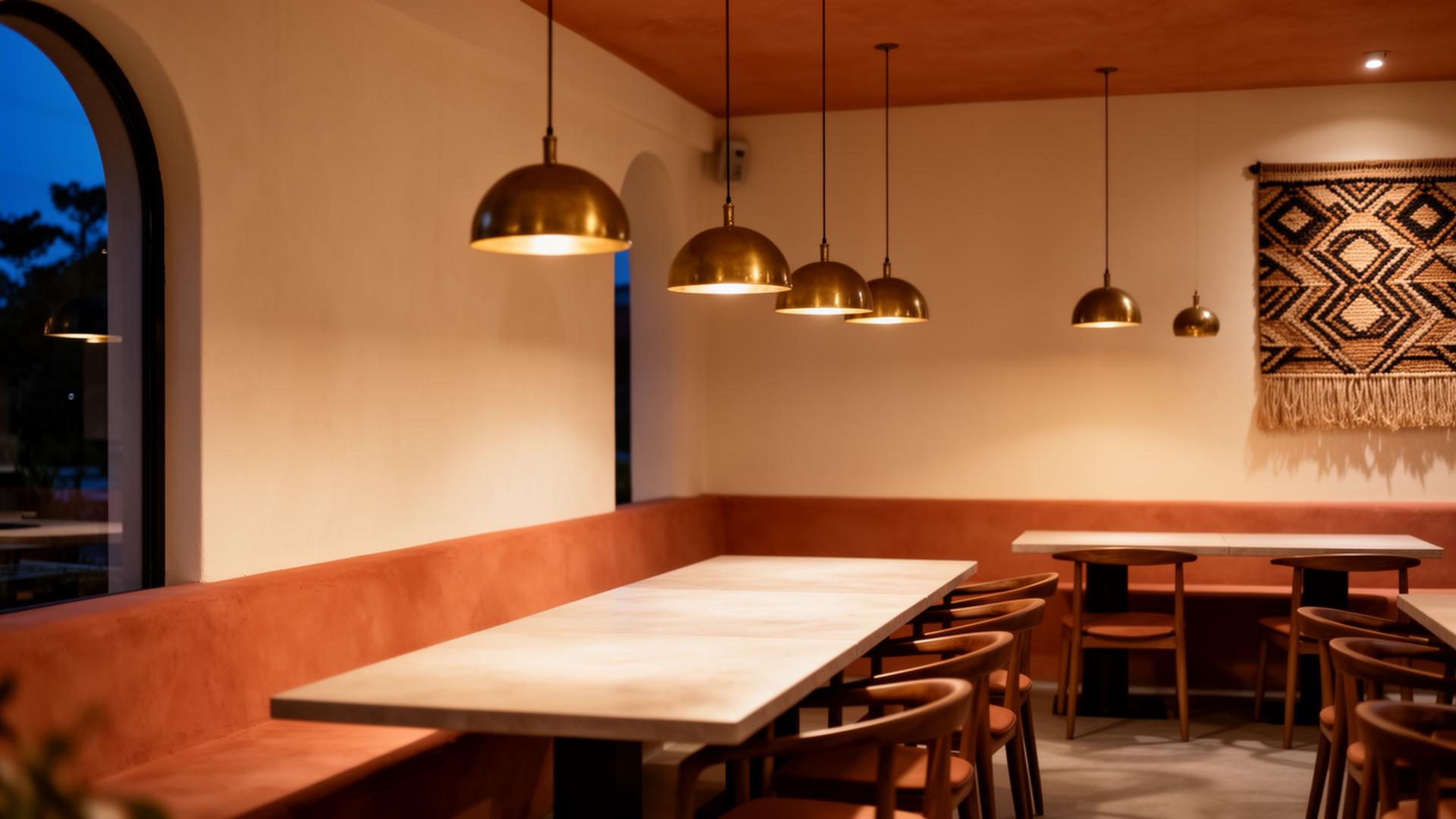 Modern Nigerian restaurant interior at dusk